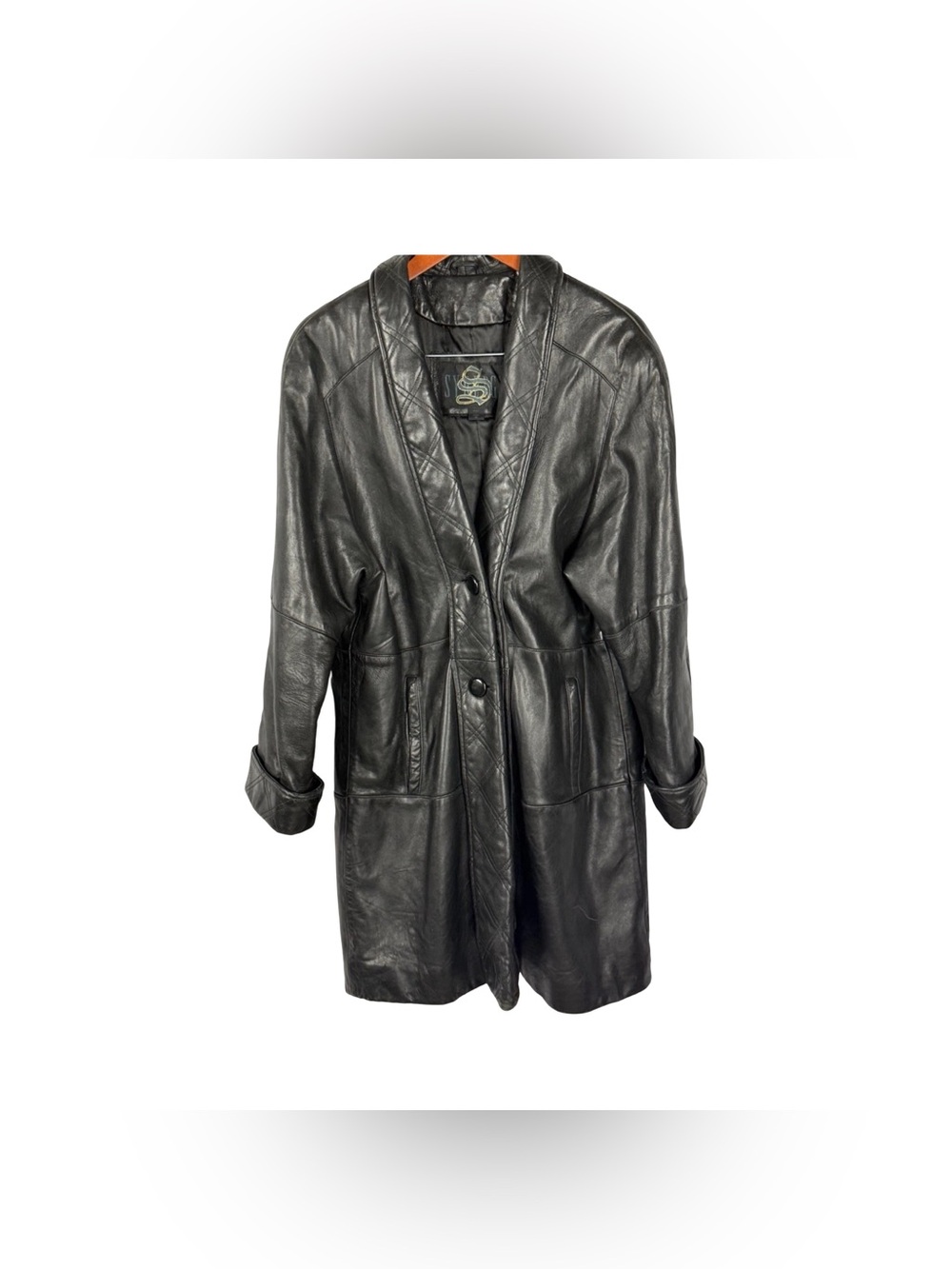 Vintage Synergy Black Leather Coat Women’s Oversized 80s 90s Trench Jacket Sz M